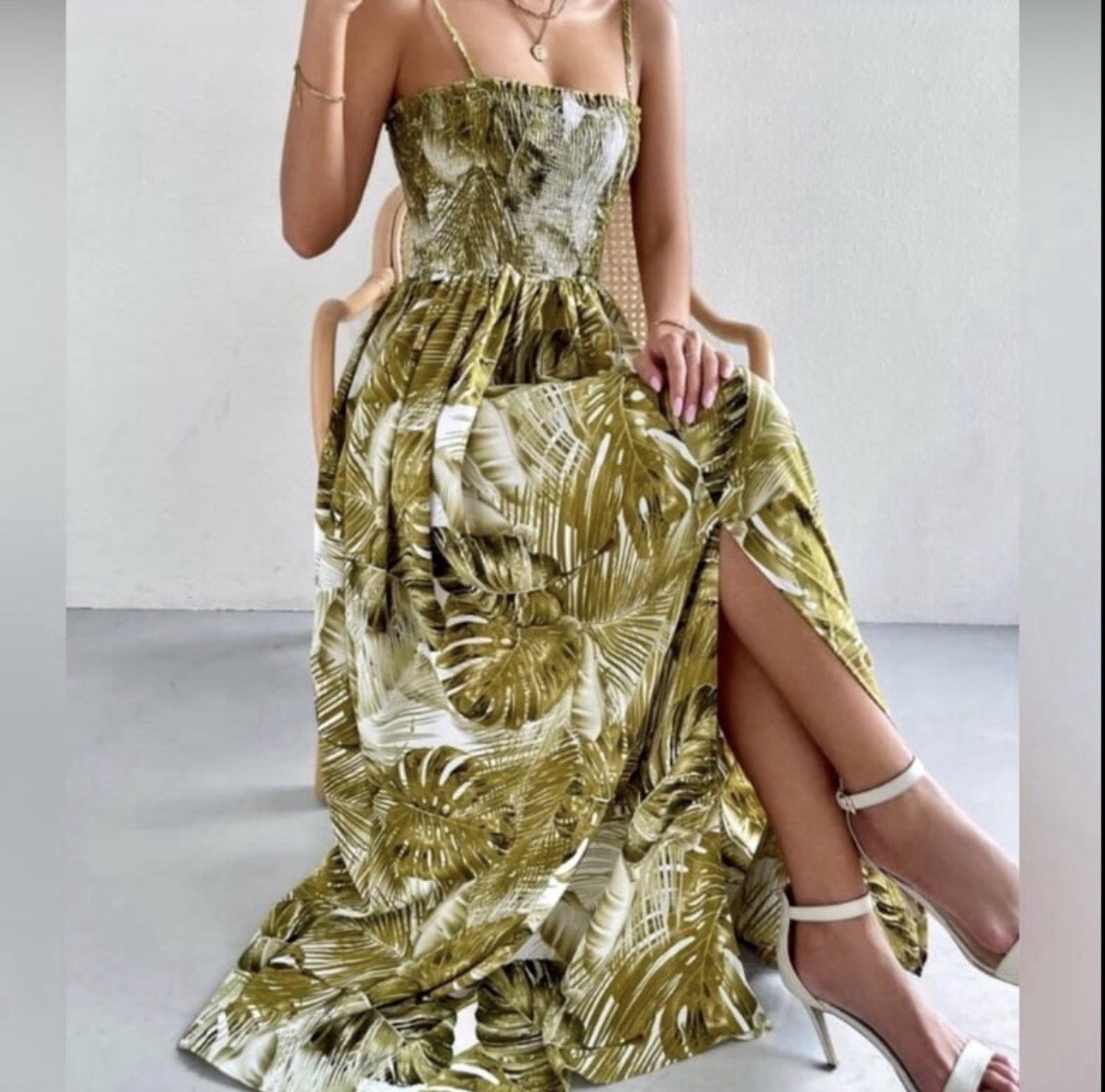 Tropical Maxi Dress, Smocked Bodice, Adjustable Straps, Slit NEW Size Large