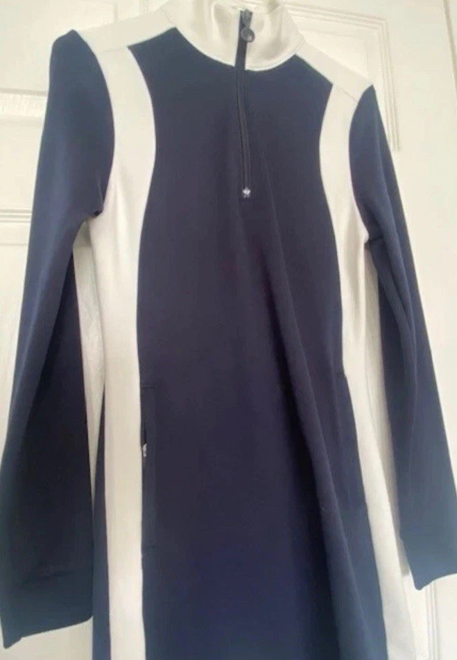 Tory Sport Small Colorblock Zip Mock Neck Performance Polo Dress Navy White