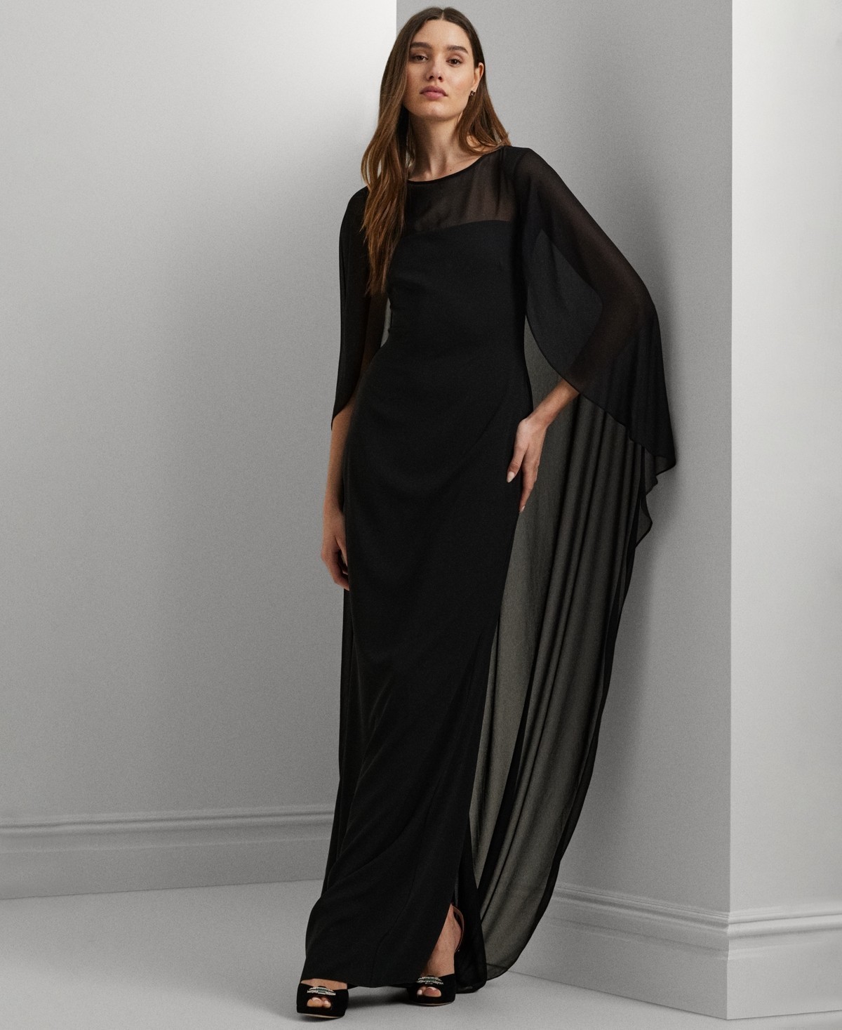 Lauren Ralph Lauren Cape Georgette Gown Women’s 10 Black Zip Hook & Eye Closure