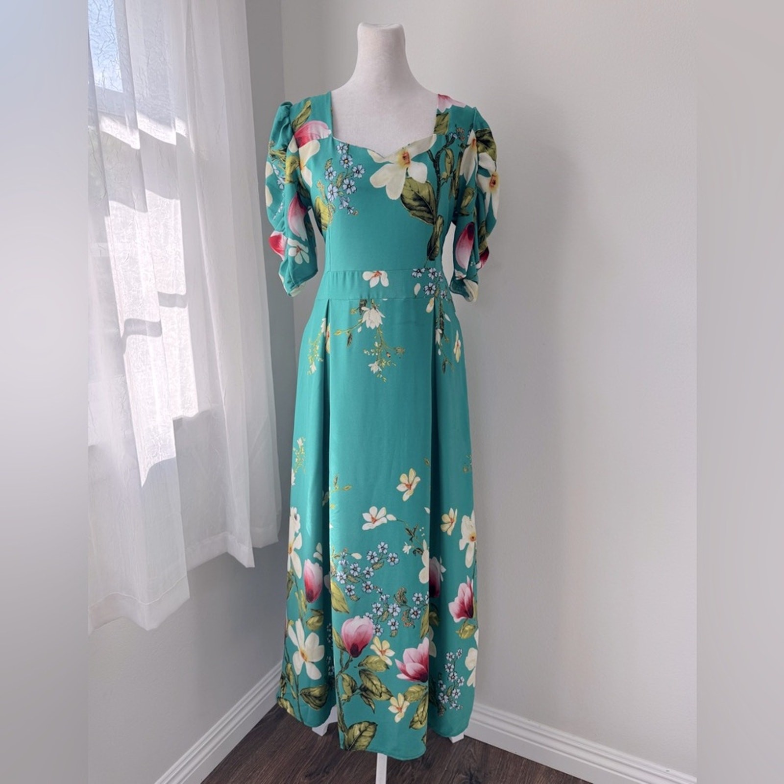 Minh Phuong Teal Floral Print Sweetheart Neckline Half Sleeve Maxi Dress