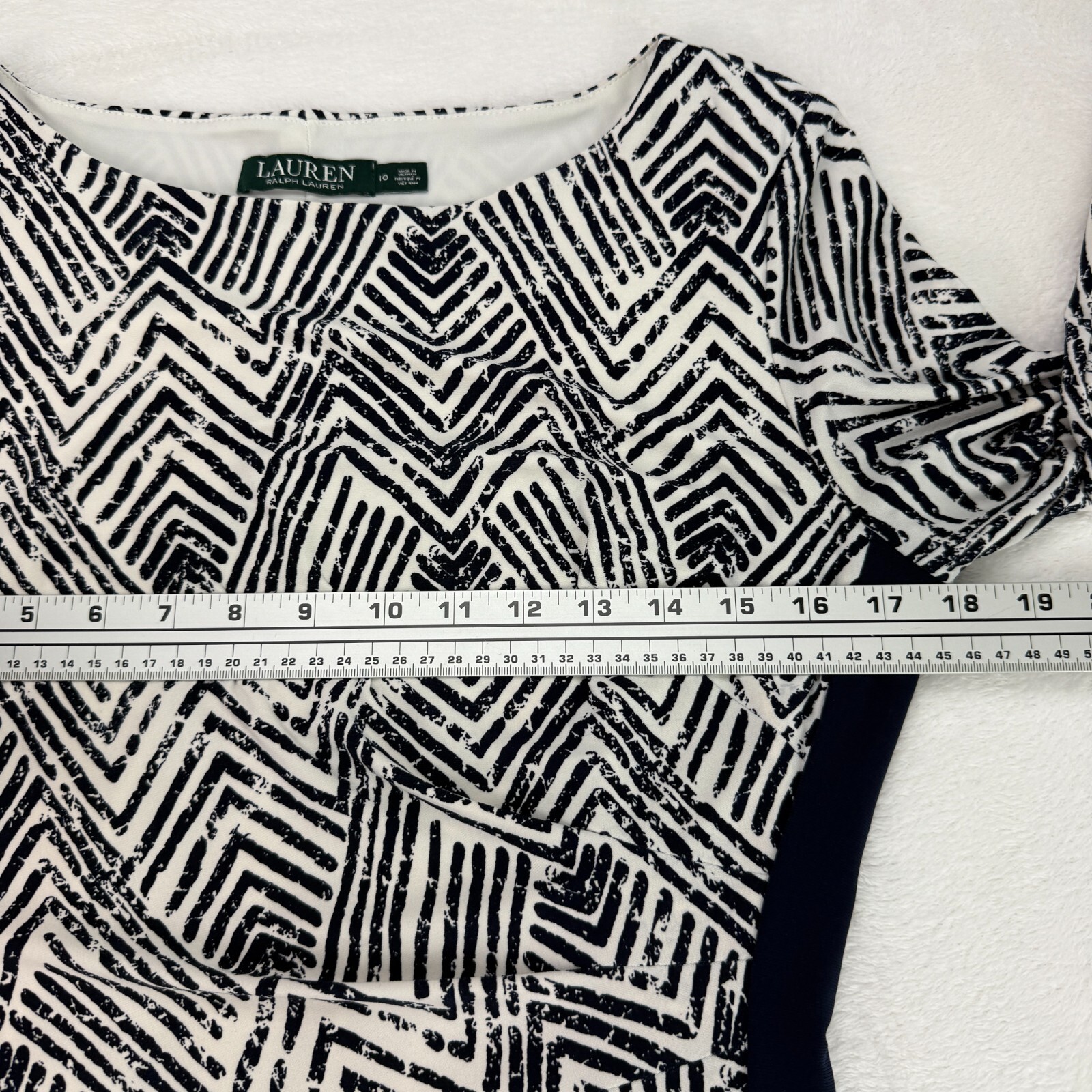 Lauren Ralph Lauren Dress Navy White Sz 10 Geometric Print Ruched 3/4 Sleeve