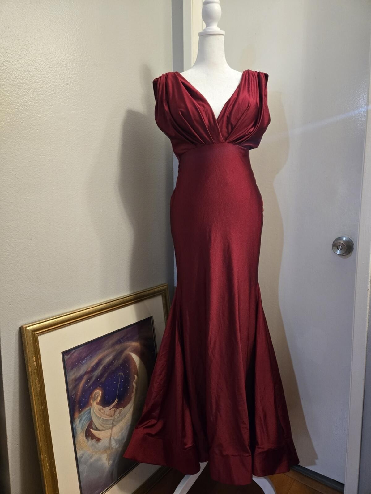 Amelia Couture Elegant Deep Red Mermaid Satin Prom Wedding Evening Gown Size 8