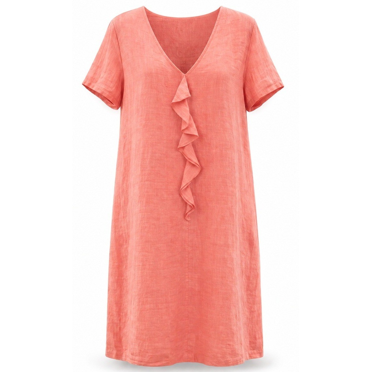 Women’s Hot Cotton XL Coral 100% Linen Ruffle V-Neck Shift Dress Coastal Resort