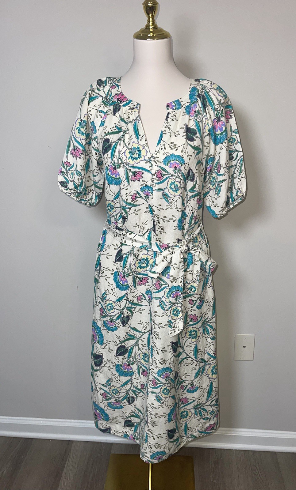 LOFT Ivory Floral Woven Cotton A-Line Dress XS Belted Button Front V-Neck
