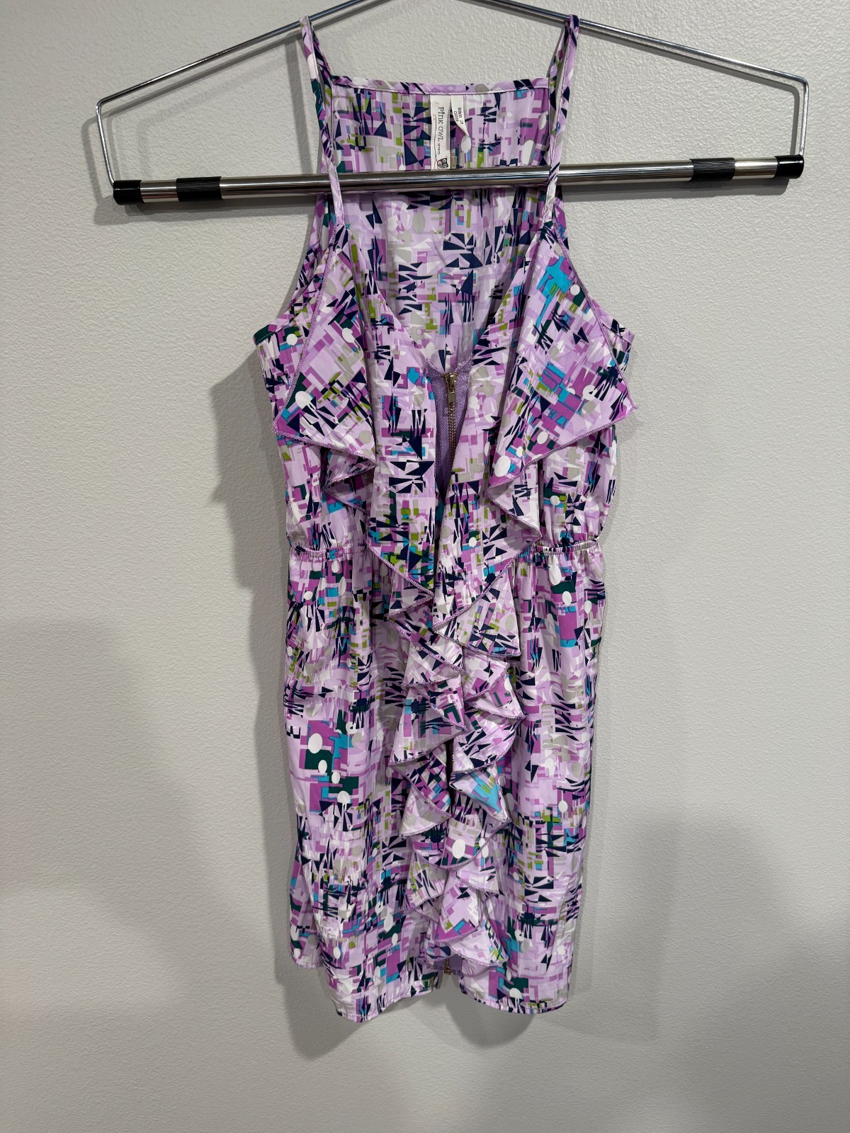 Pink Owl Apparel Dress Women Medium Purple Geometric Sleeveless Ruffled Full Zip
