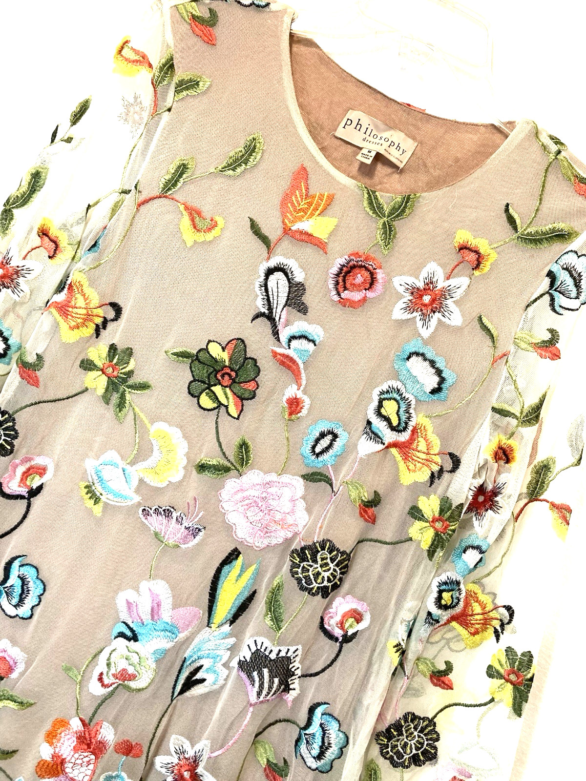 Philosophy Sheer Floral Embroidered Mesh Shift Dress Womens M Long Sleeve