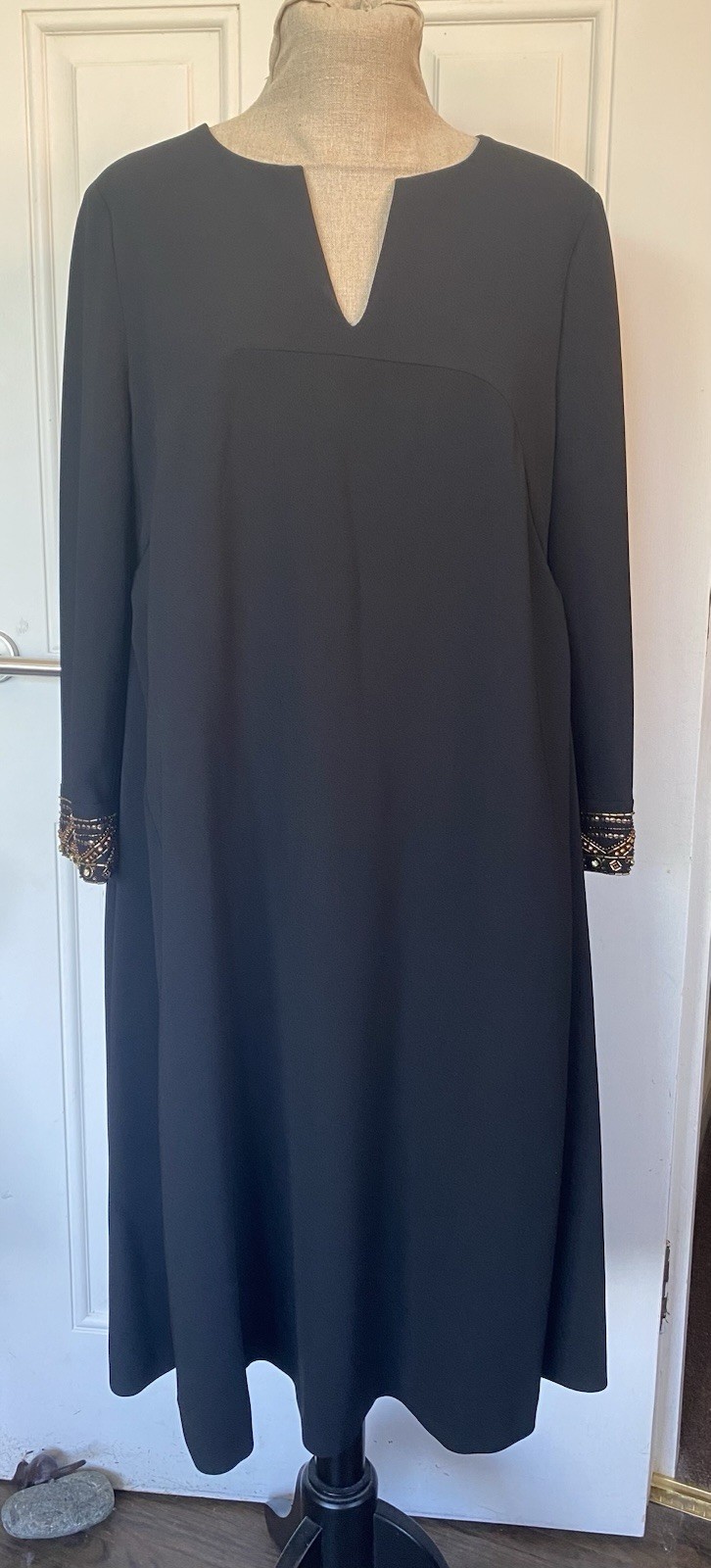 Max Mara Studio Dress UK 12 Black Beaded Sleeve Midi Dress Side Folds Maternity