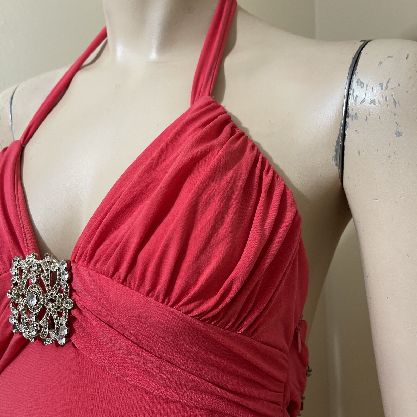 Women’s Coral Polyester Party Open Buckle Metal Belt Bead Size 8 Evening Dress