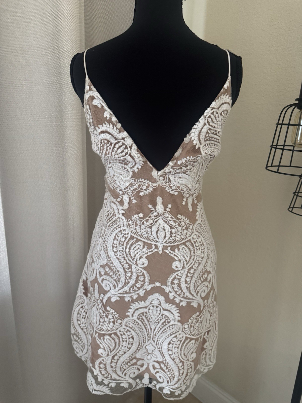 Free People Night Shimmers Sequin Lace Mini Dress Nude Ivory Size 4 Boho