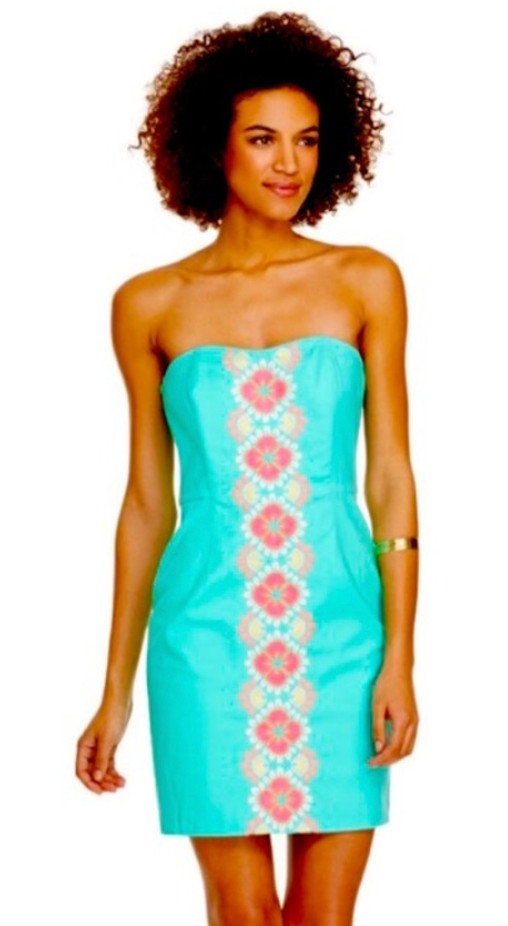 Vineyard Vines Turquoise Green Embroidered Strapless Sheath Dress Size 6 Preppy
