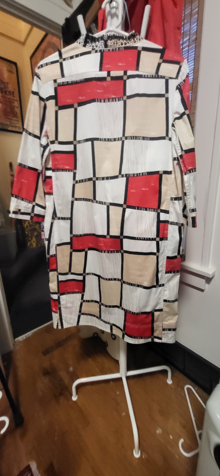ST JOHN SPORT White Red BlackBeige Mondrian Print & Stud Collar Shirt Dress S