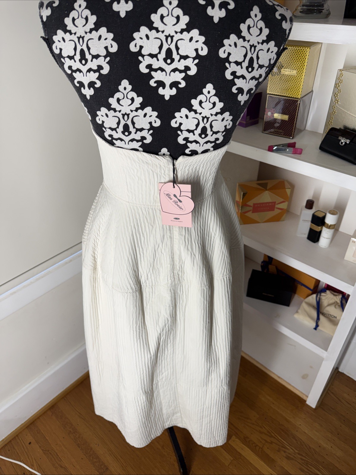 NWT MISS ROSIER Size L Neutrals Cortny Bustier style Pleated Midi Dress POCKETS