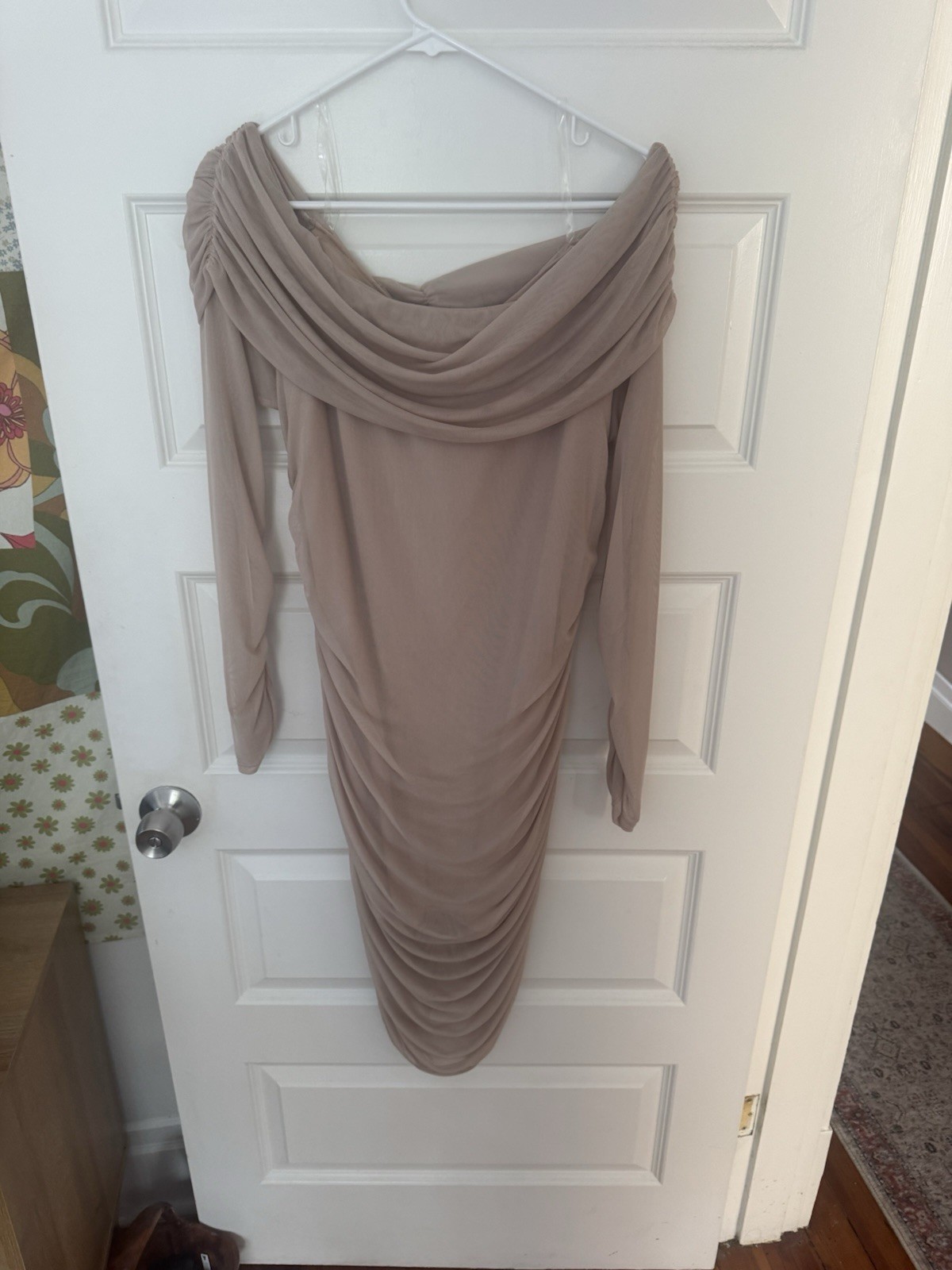 Express Beige Off Shoulder Ruched Mesh Bodycon Midi Long Sleeve Dress XL