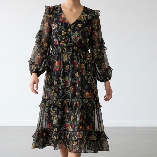 Black Floral Chiffon Dress Tiered Ruffle Midi 6 whimsygoth Victorian romantic