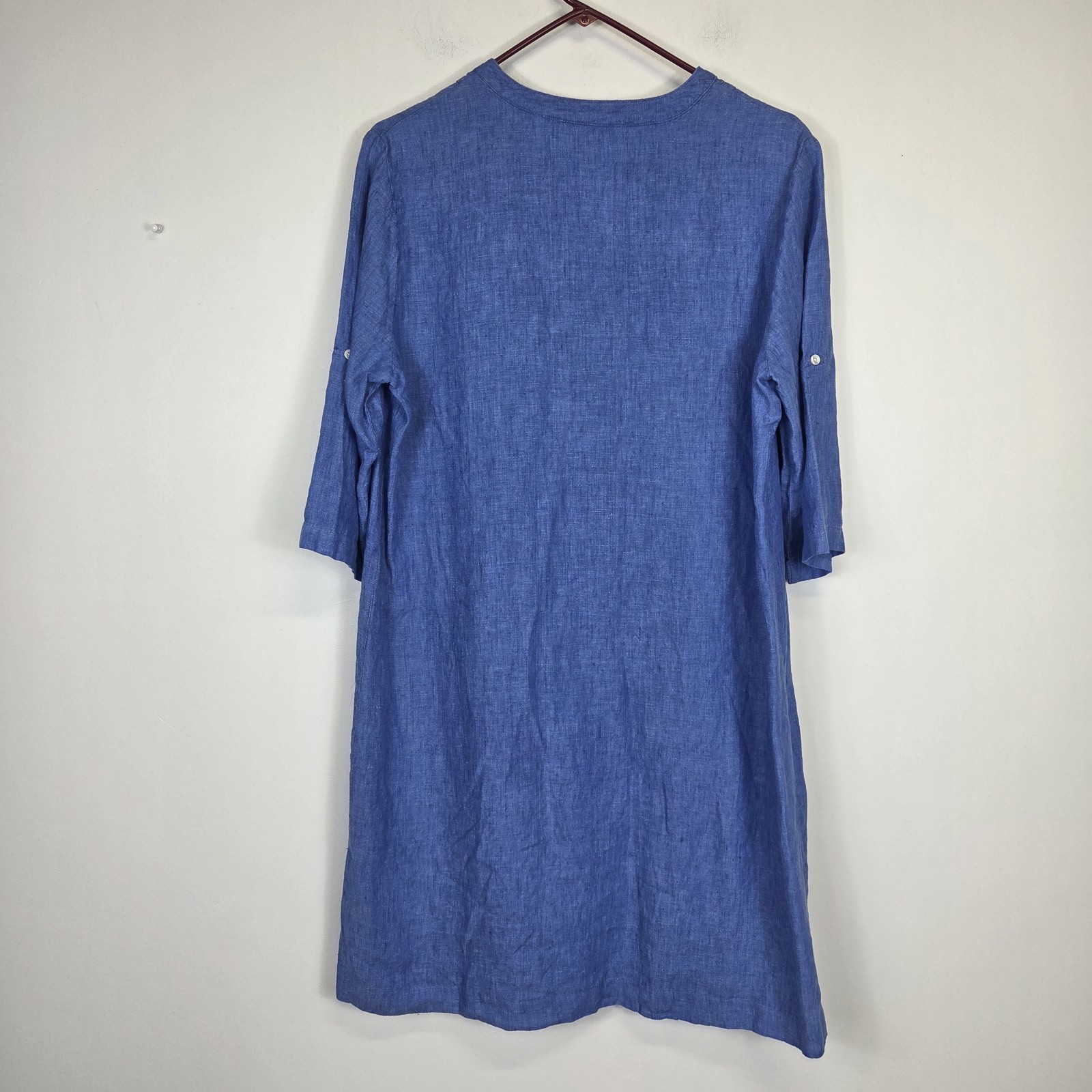 J. MCLAUGHLIN Solid Riviera Linen Dress Blue Sz XL Pintuck Roll-Tab Breathable