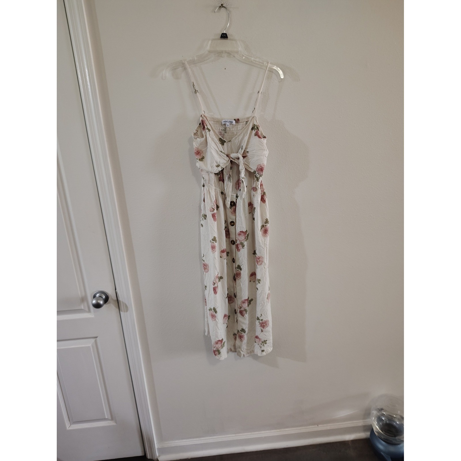 Mimi Chica Floral Midi Dress Cream Pink Rose Tie Front Smocked Back Small