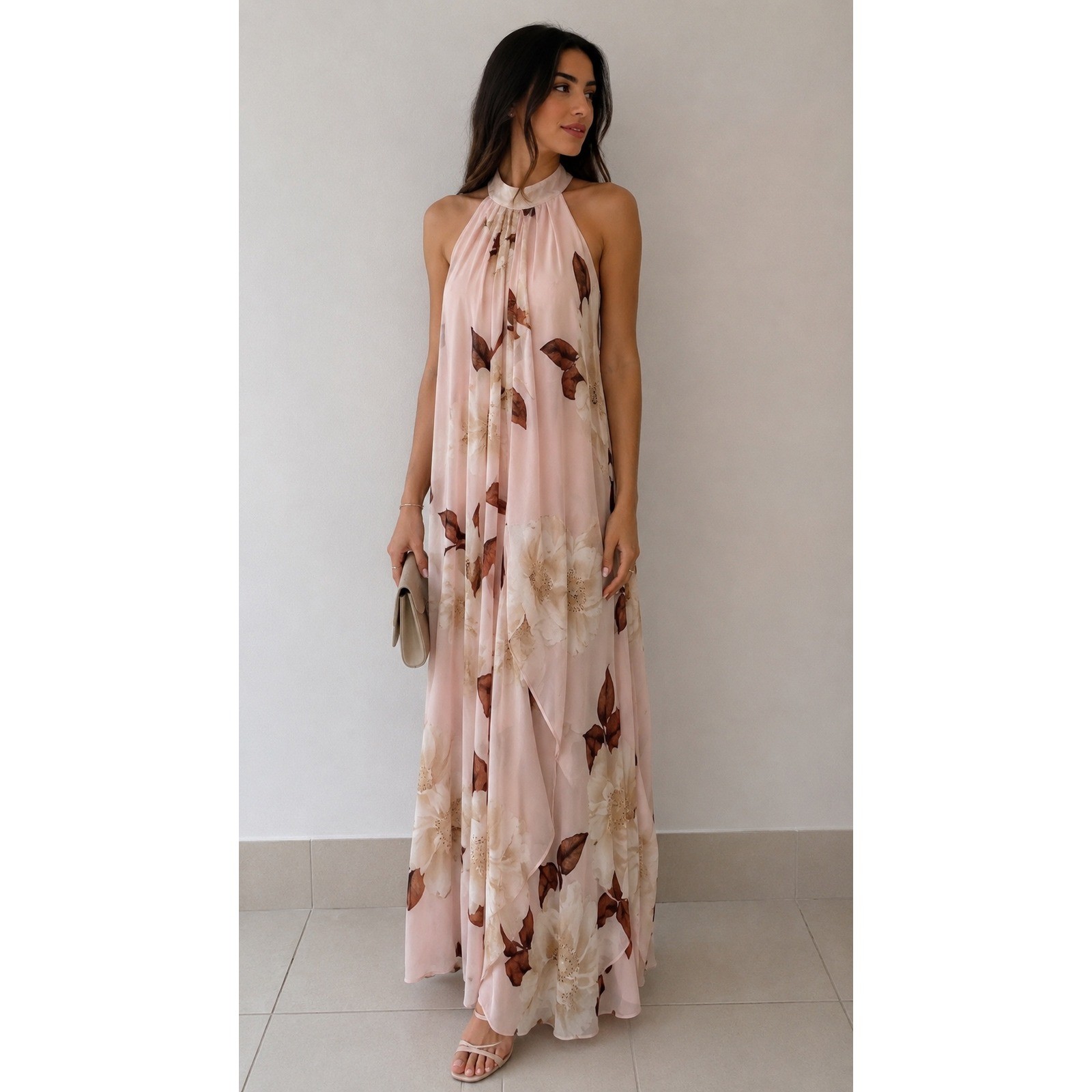 Windsor Floral Halter Maxi Dress Pink Chiffon Ruffle Formal Gown Sleeveless