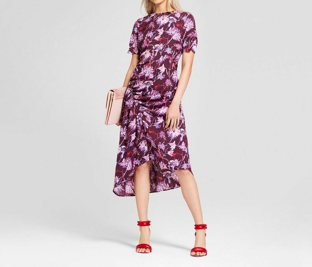 Womens Purple Floral Dress Sz XS Short Sleeve Asymmetrical Ruched Who What Wear