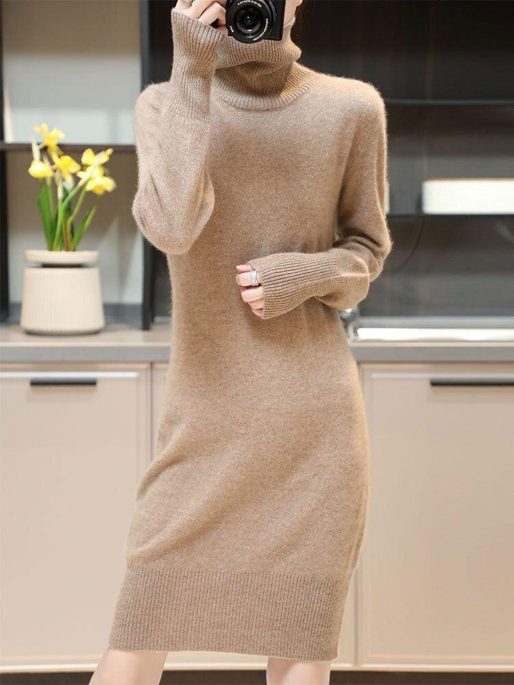 Knitted Cashmere Sweater Women Wool Turtleneck Long-Sleeve Slim Mid Length Dress