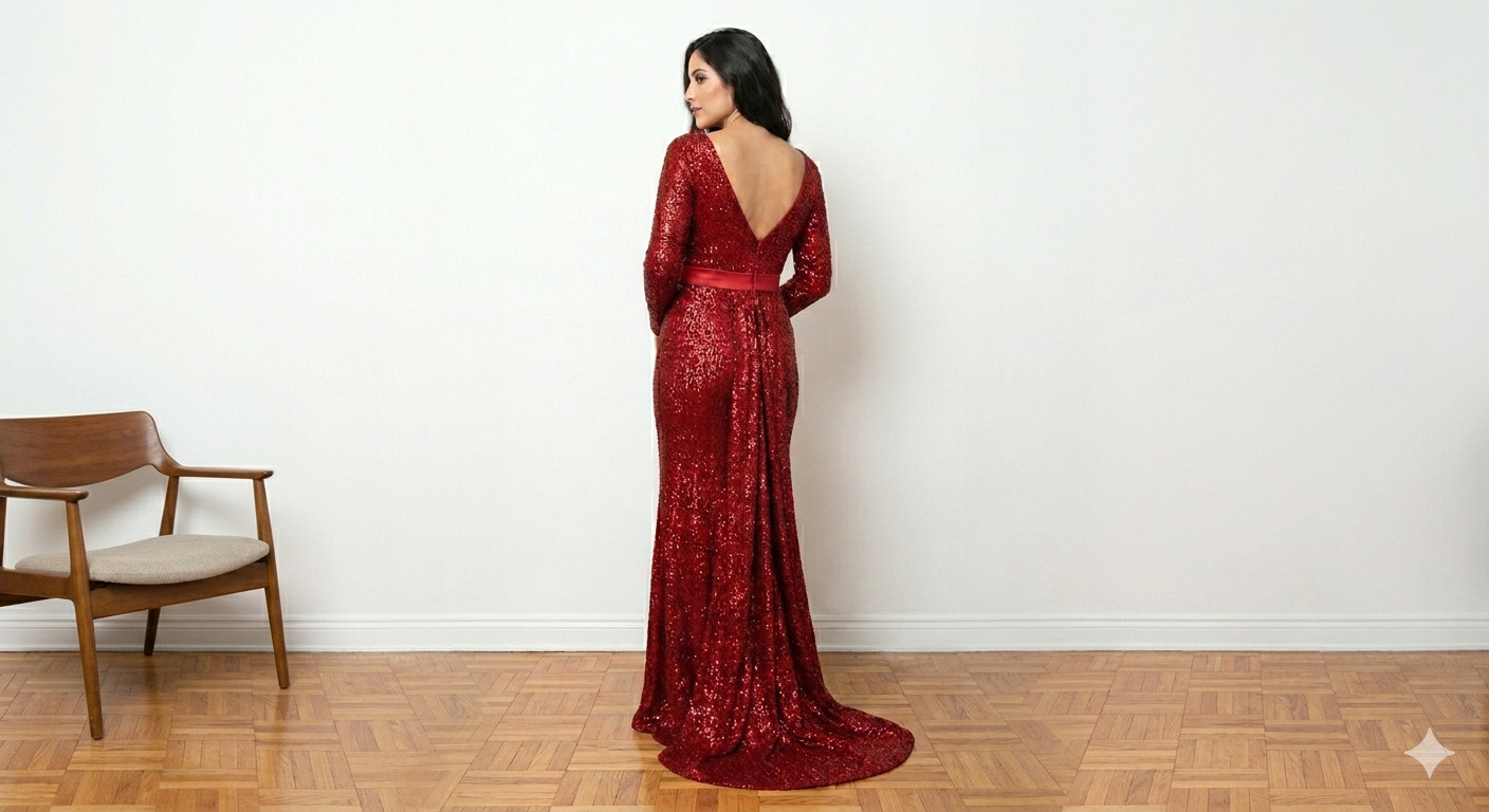 Burgundy Red Sequin Long Sleeve Mermaid Gown Low Back Satin Sash Formal Dress