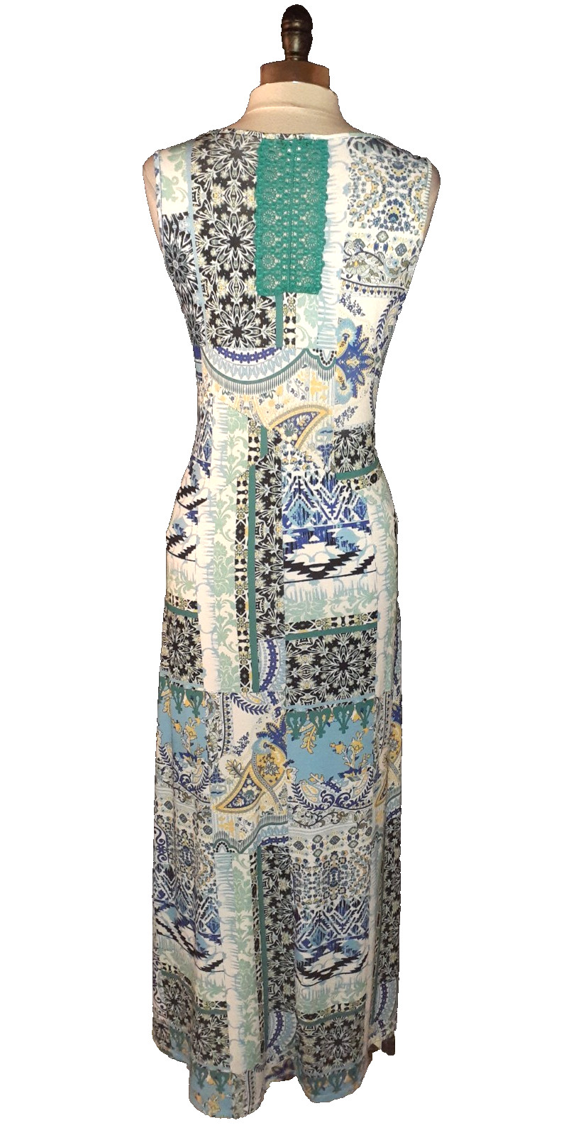 ONE WORLD Size L Maxi Dress Blue White Yellow Floral Sleeveless Stretch Knit