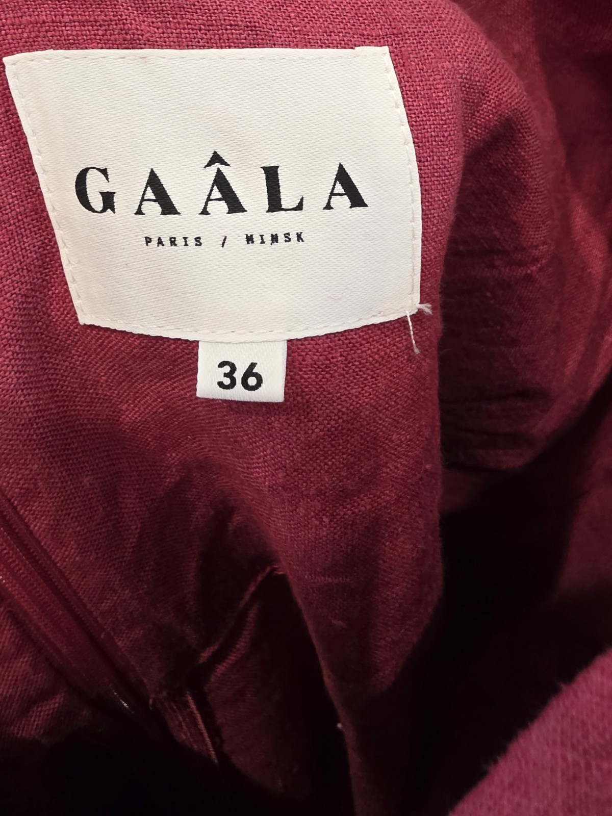 GAÂLA Paris Minsk 100% Linen Puff Sleeve Midi Dress Burgundy Size 36 EU Us 4