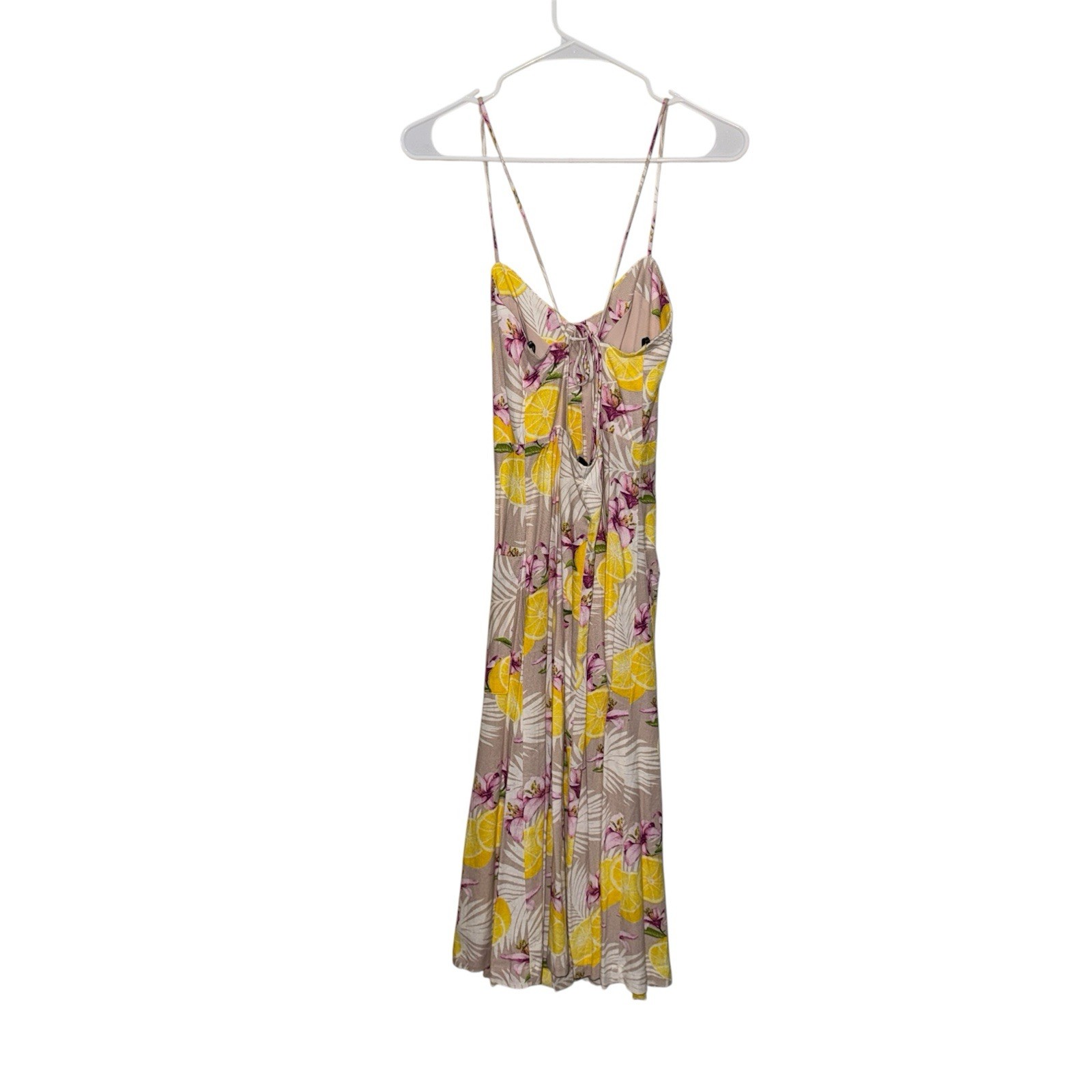 New Forever 21 Beige Lemon Floral V-Neck Button Open-Back Tie Midi Slip Dress S
