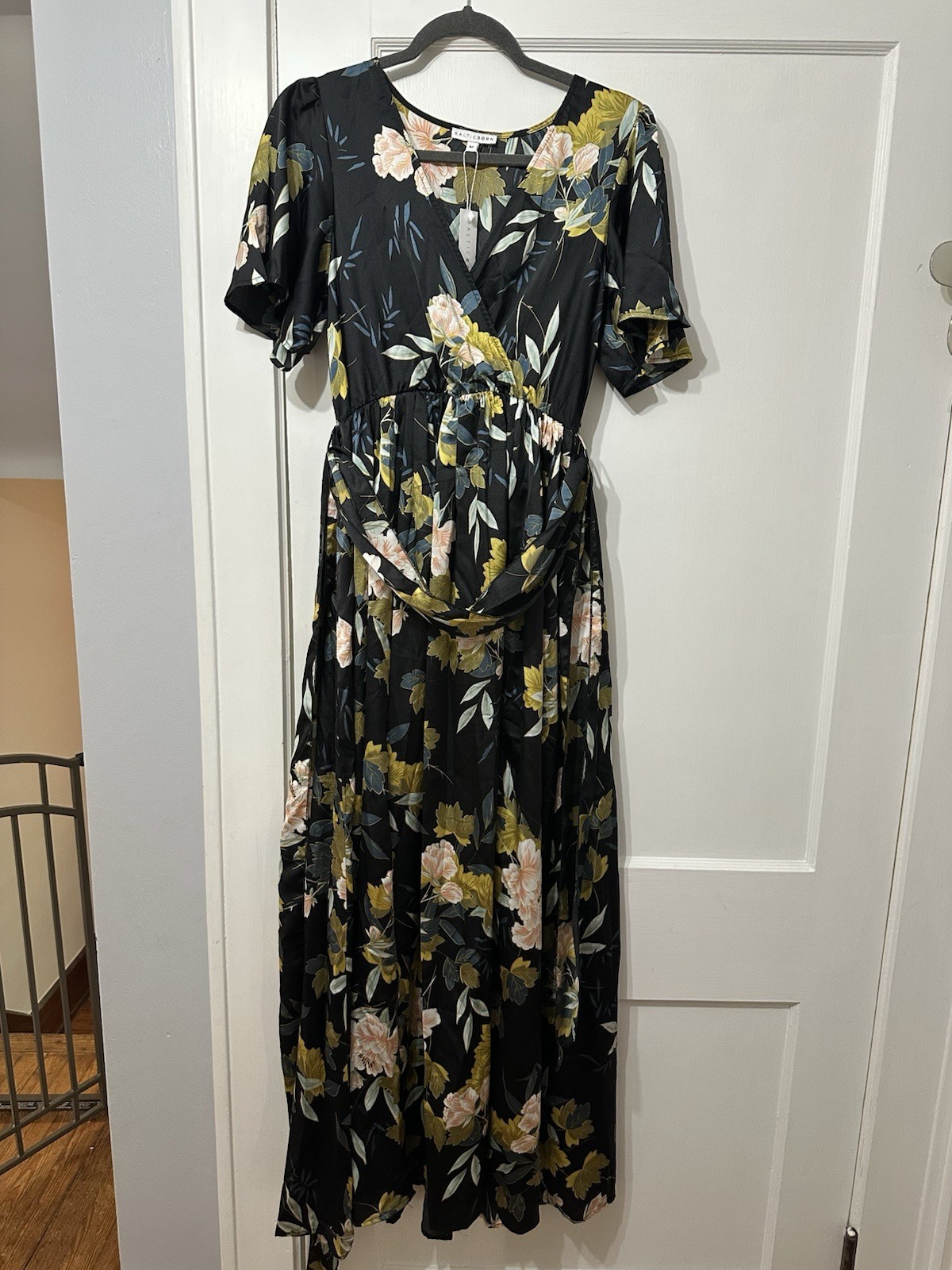 Baltic Born Floral Maxi Dress Blue Satin Wrap V-Neck Flutter Sleeve Pockets M