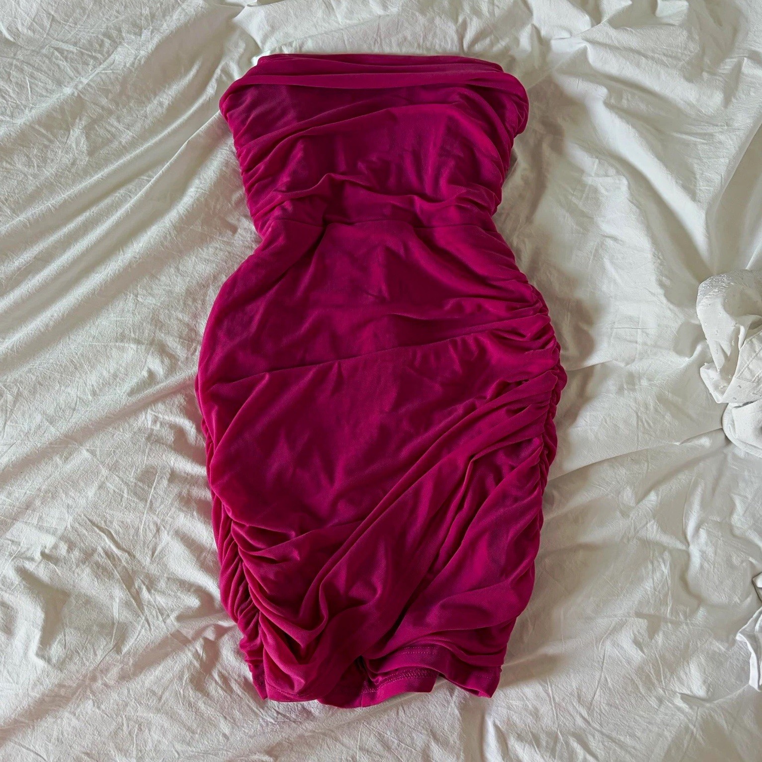Women’s Pink Strapless Ruched Mesh Stretch Bodycon Mini Dress Size S