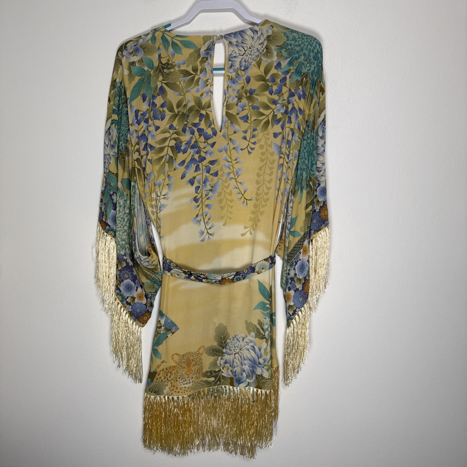 Spell & The Gypsy Floral Kimono Belted Willow Fringe Mini Dress Size Large EUC