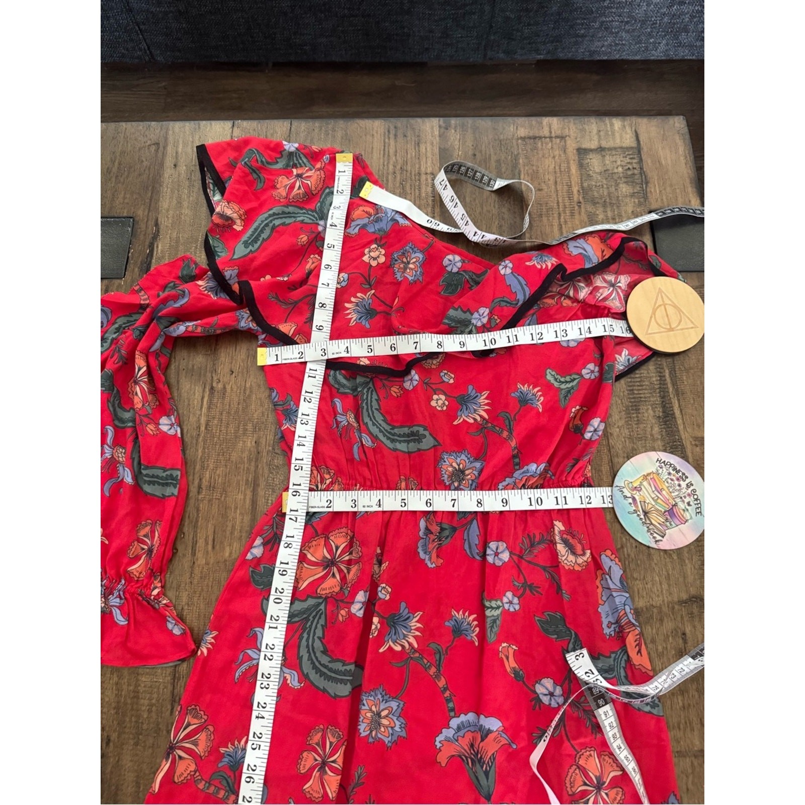 Love Sam Red Floral One Shoulder Asymmetrical Ruffle Dress XS Boho Viscose