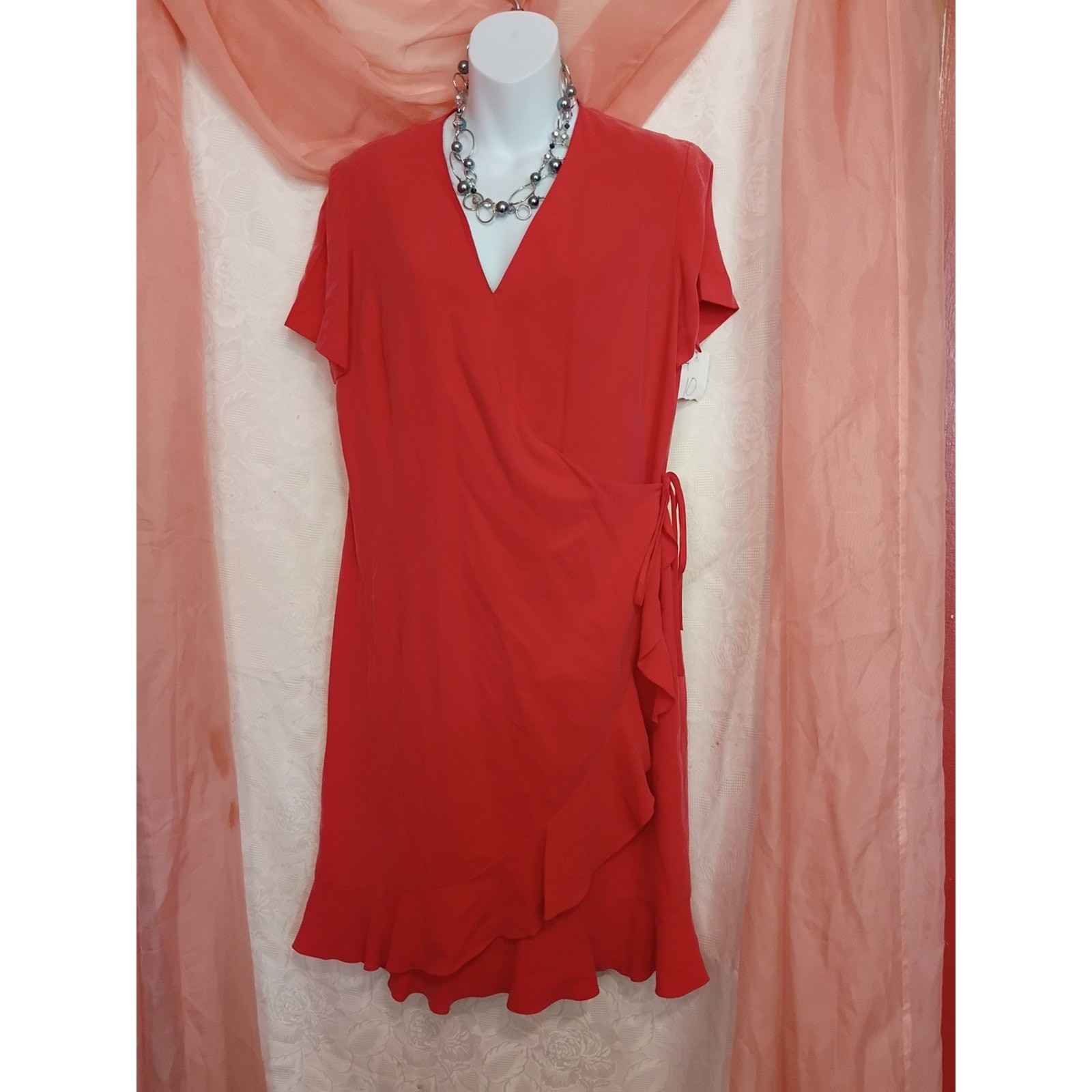 Coldwater Creek Ladies Brick Red Silk Wrap Midi Dress with Ruffle Hem Sz 10