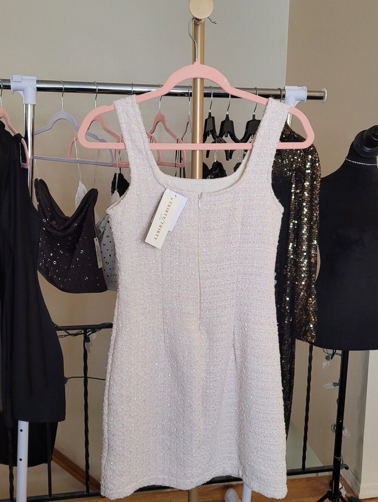 Thirty Thirty LA Classic Pink & Cream Tweed Sleeveless Mini Dress Size XL NWT