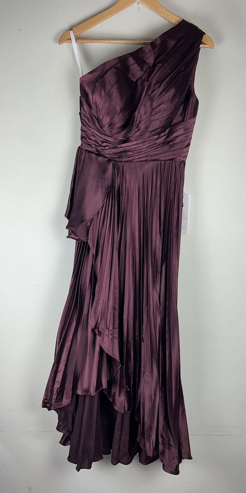 Sangria Brown Satin One Strap Asymmetrical Pleat Lined Midi Layered Skirt Sz 4