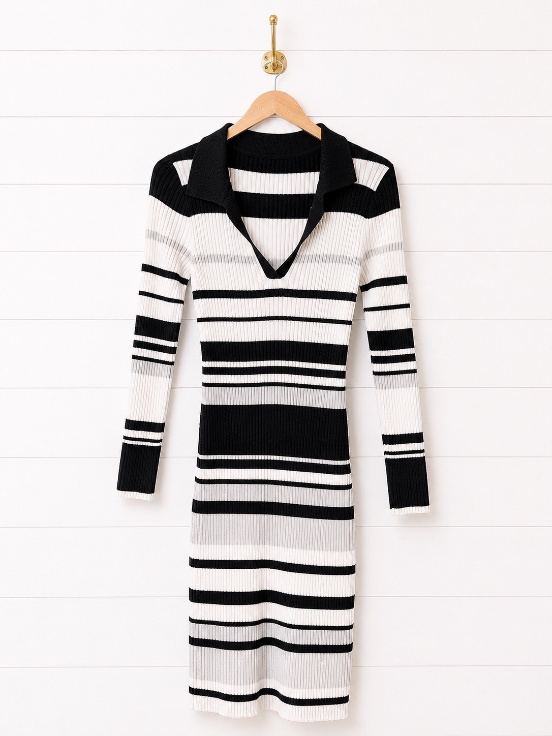 Women’s Black/White Striped Knit Sweater Dress Collared Midi Pullover M