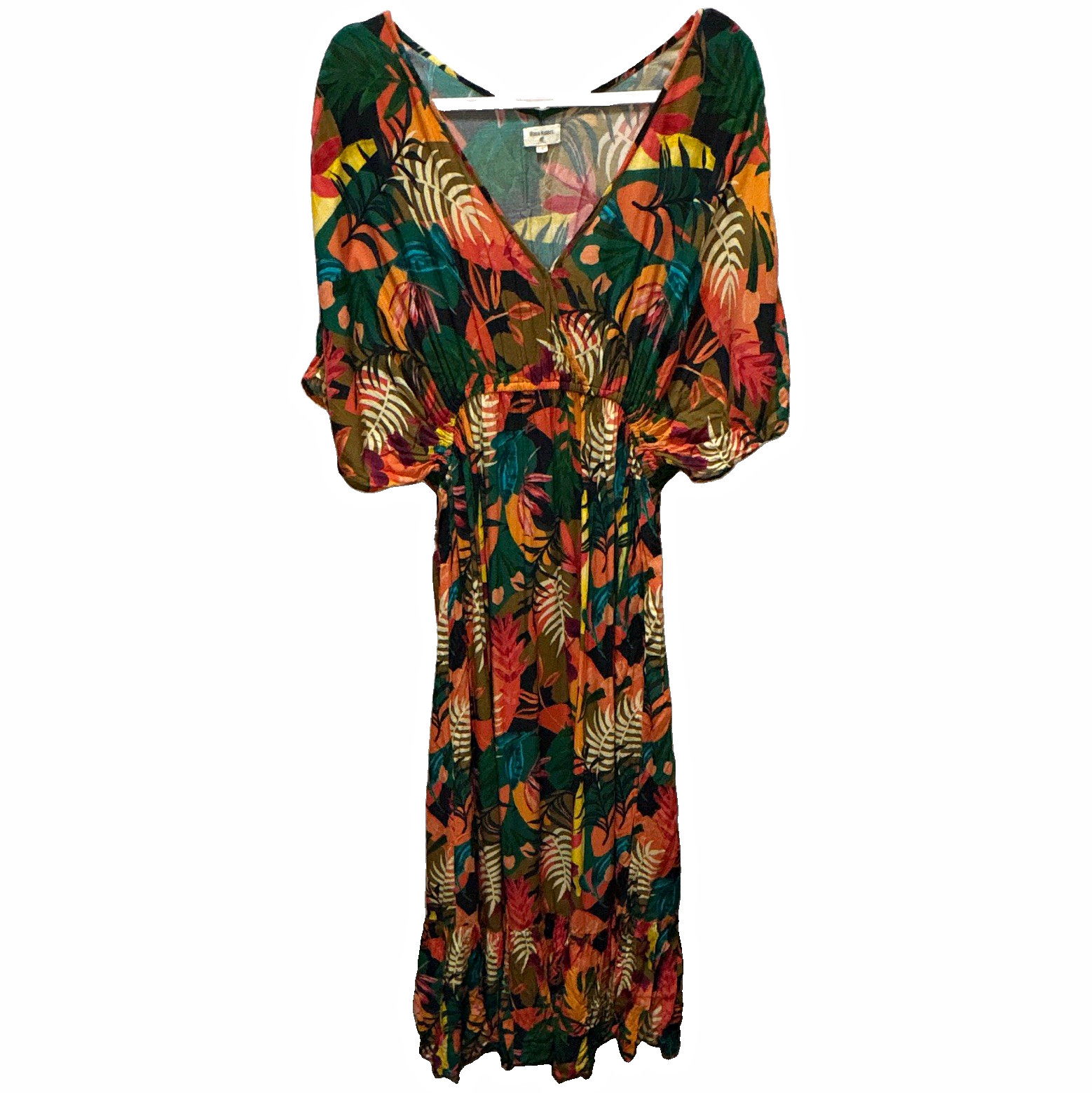 World Market Midi Dress Womens LXL Multicolor Floral V-Neck Puff 3/4 Sleeves