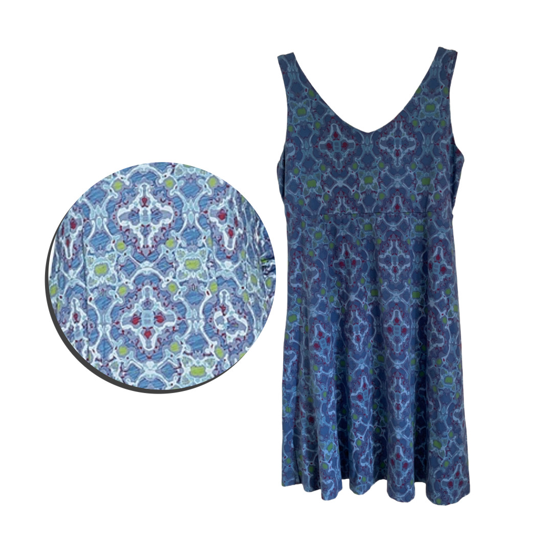 FRESH PRODUCE Deep Dive Blue Tile Play Olivia V-Neck Sleeveless Mini Dress Sz L