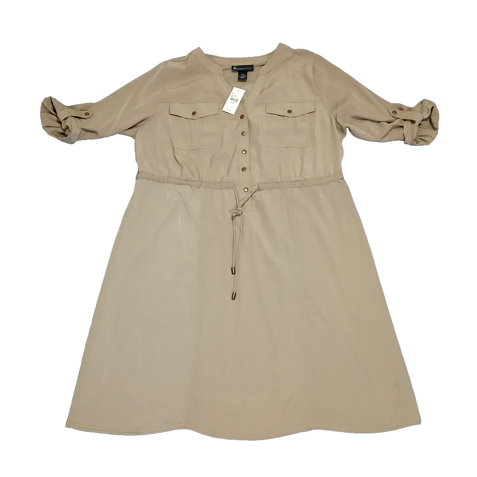 Lane Bryant Women Size 14/16 Taupe Snap Up Shirt Dress Waist Tie Normcore Fun