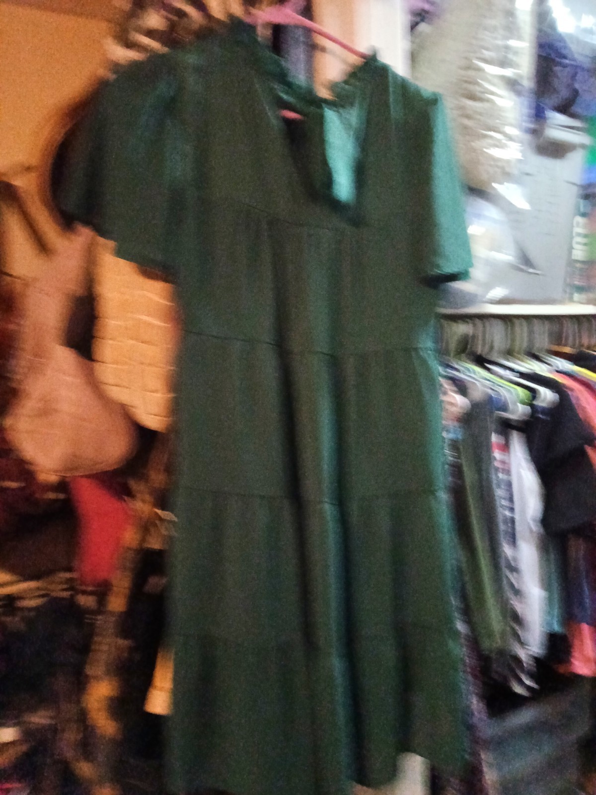 Women’s Green Solid Tiered A-Line Dress S Ruffle Neck Short Sleeve Knee