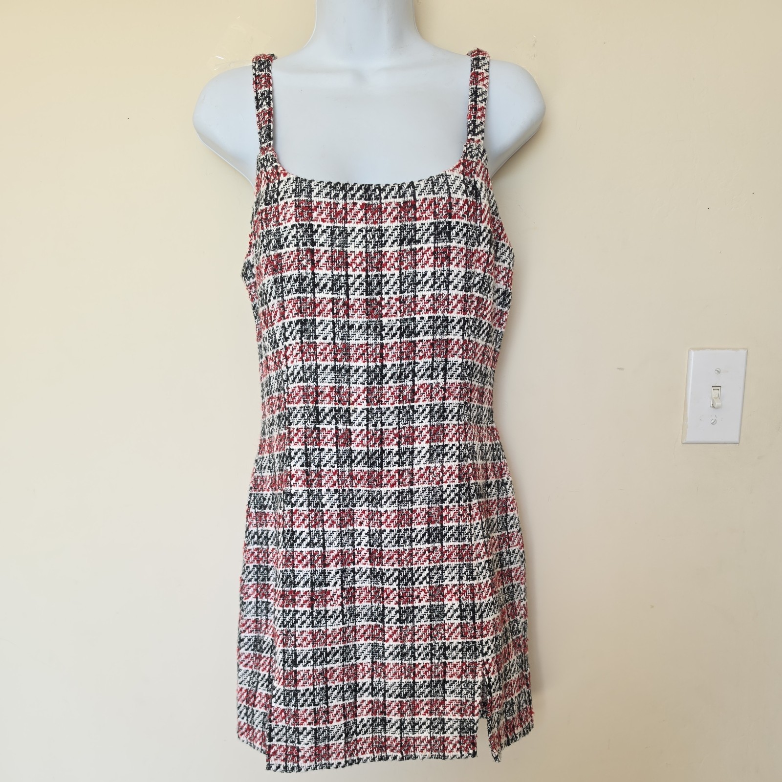 Forever 21 Plaid Tweed Mini Dress Square Neck Sleeveless Strappy Black Red S