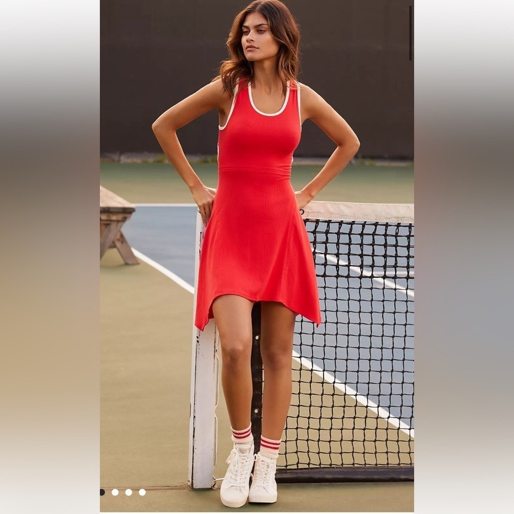 Anthropologie Daily Practice Red Ribbed Tank Tennis Dress with White Trim