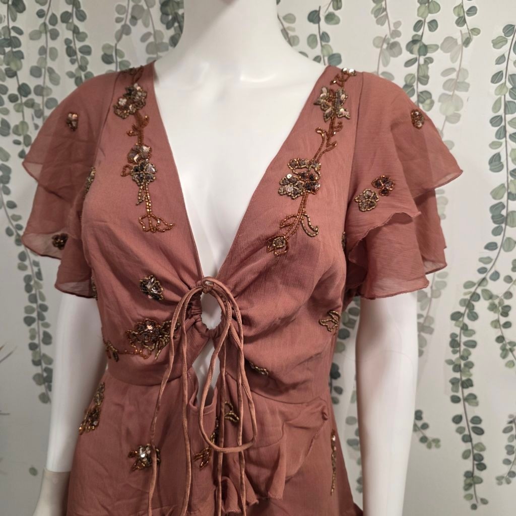 ASOS Design Beaded Ruffle Mini Dress Dusty Rose US 12 NWT
