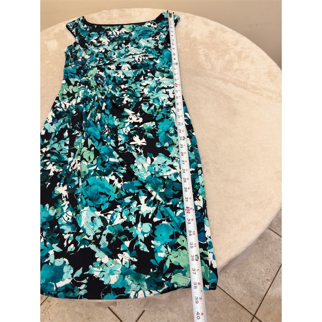 Connected Apparel Dress Womens Size 10 Teal Black White Floral Ruched