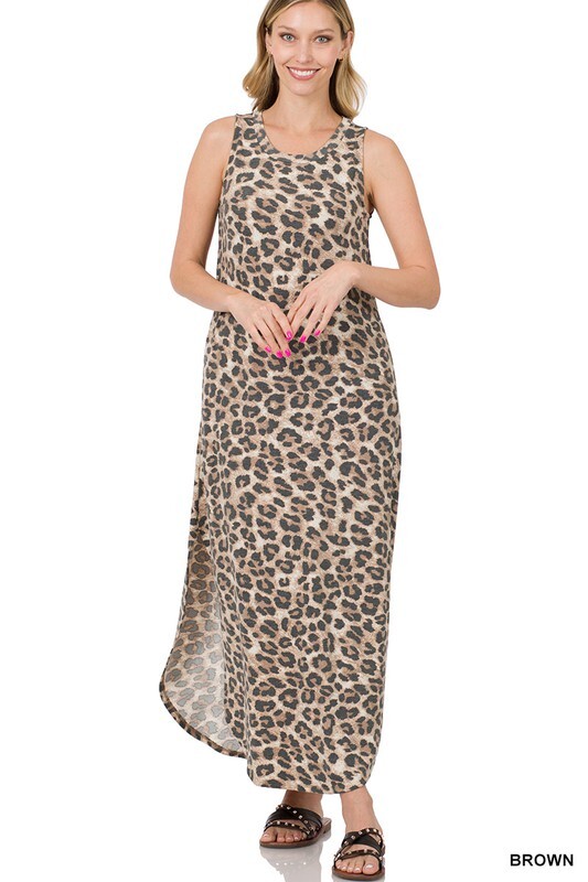 1X 2X 3X PLUS ZENANA BROWN LEOPARD SLEEVELESS ROUND NECK MAXI DRESS BHCS