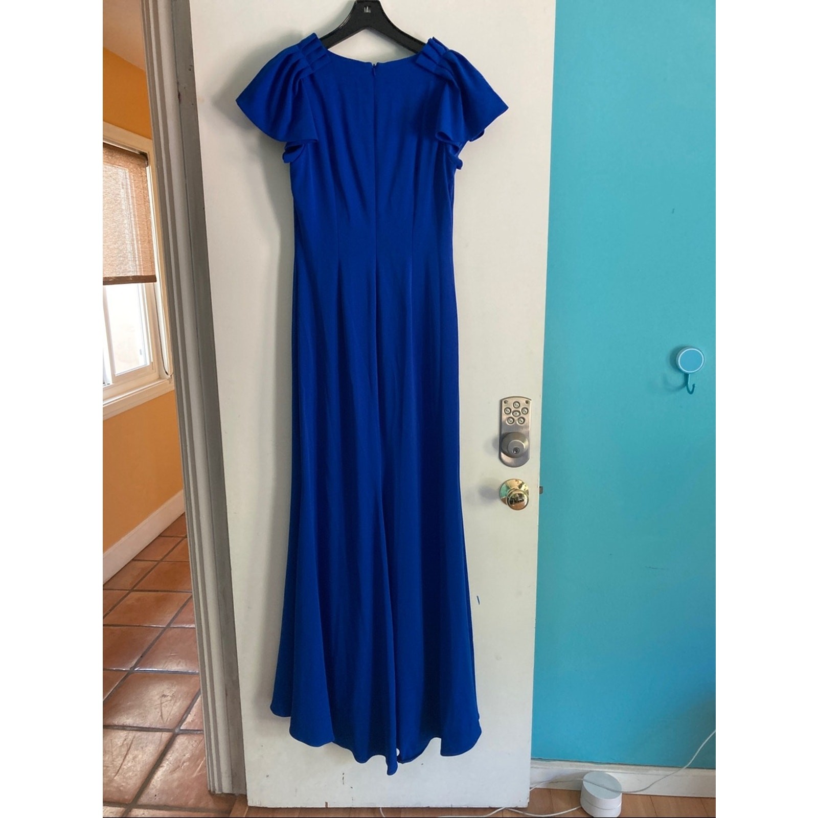 Badgley Mischka Size 8 Royal Blue Crepe Evening Gown Ruffle Sleeve