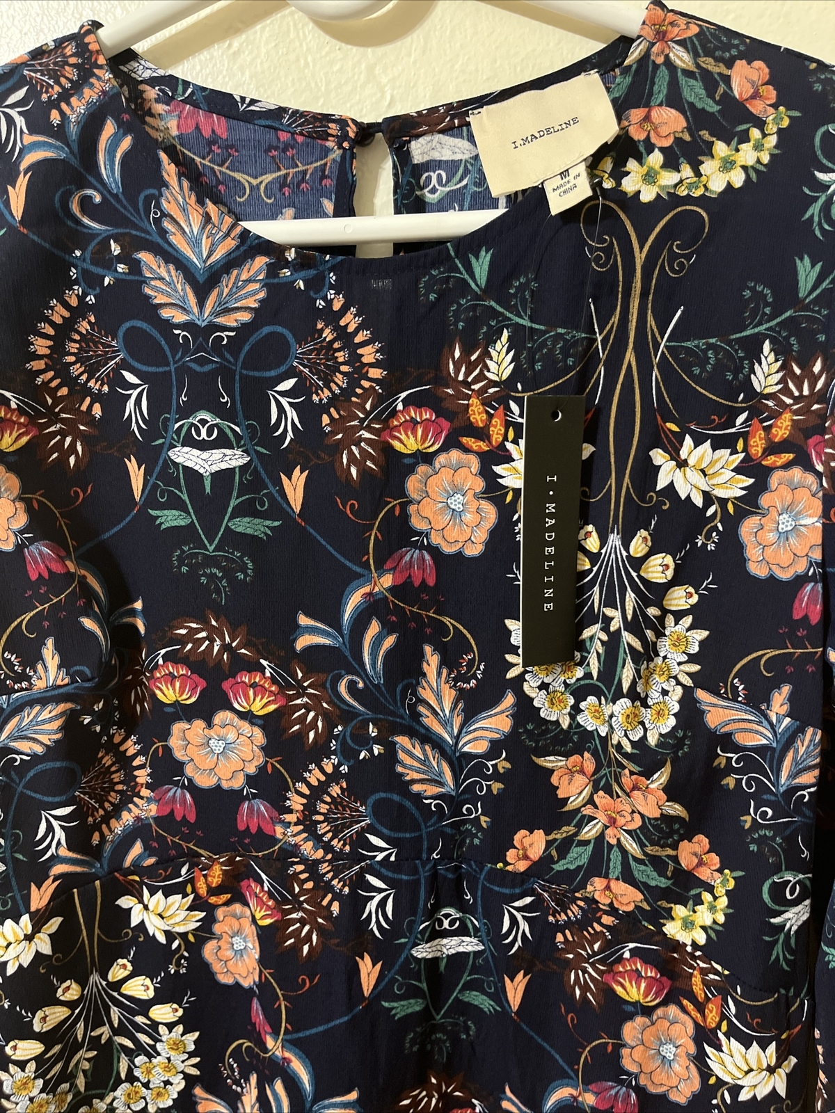 I. Madeline Garden Splendor Navy Blue Floral Print Long Sleeve Midi Dress M NWT