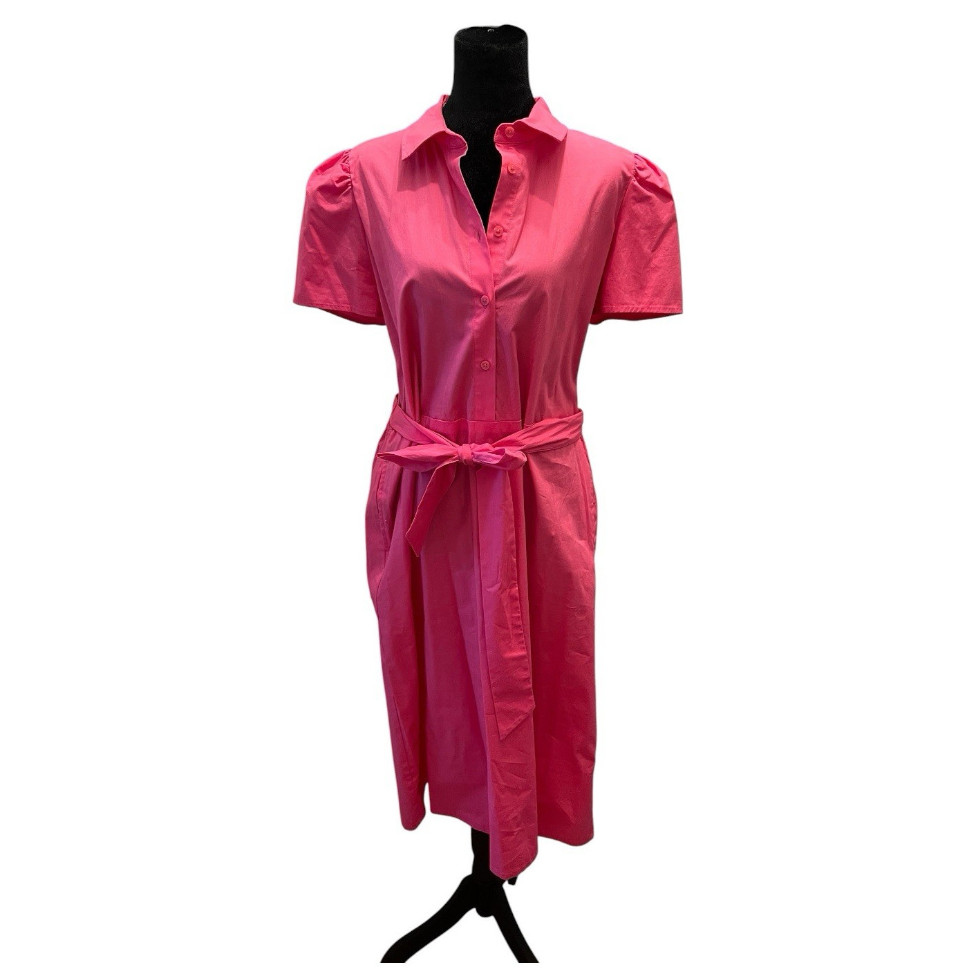 Pink Solid Shirt Dress Midi Collared Short Puff Sleeve Button Belted Tie L