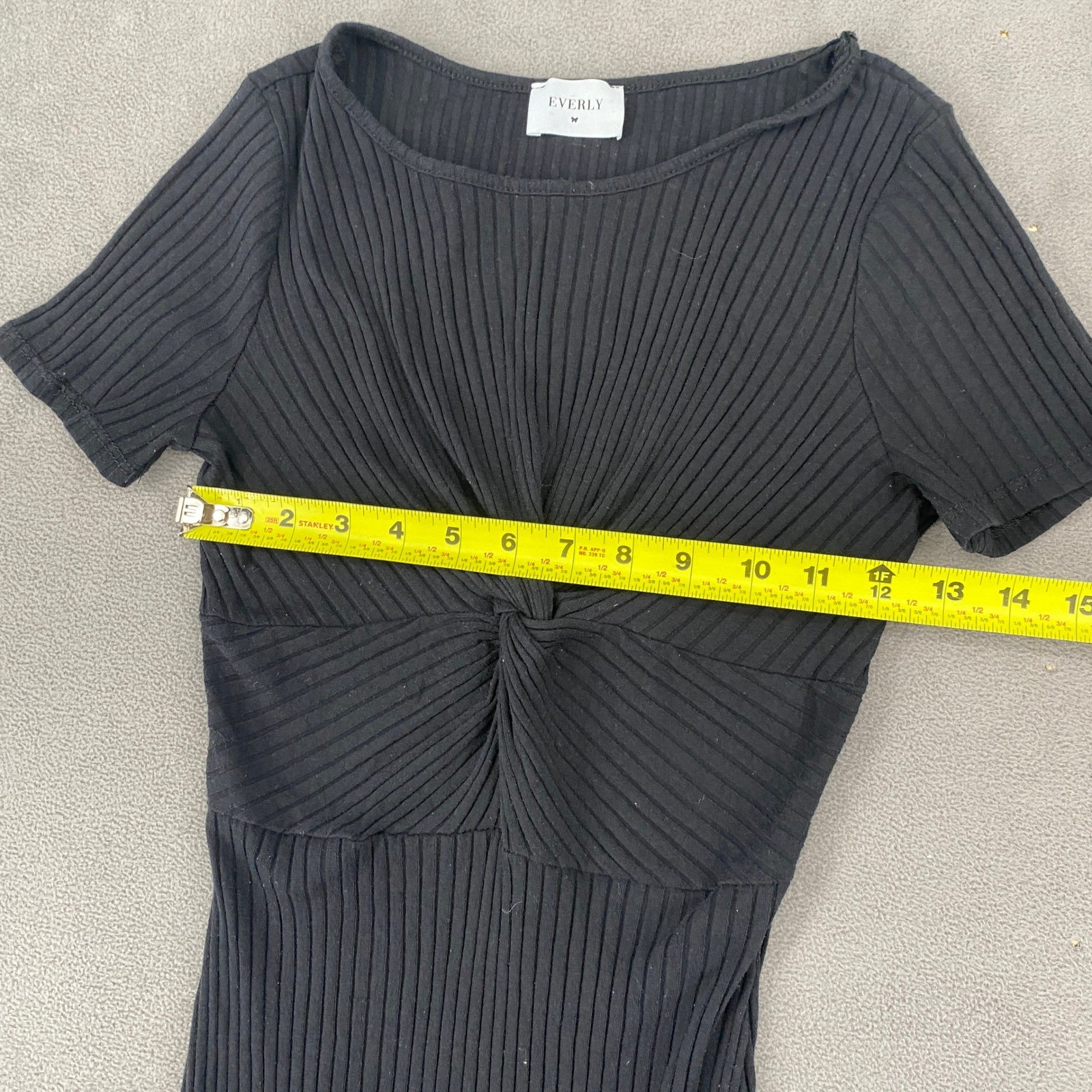 Everly Black Ribbed Twist Front Short Sleeve Midi Bodycon Dress Side Slit Size M