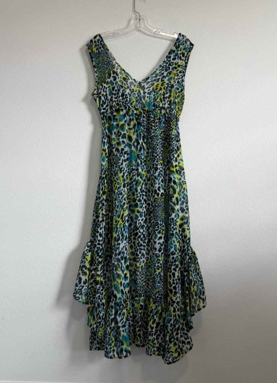 Violet Sky Sleeveless Beaded V-Neck Animal Print Hi-Lo Cover Up Dress Size S