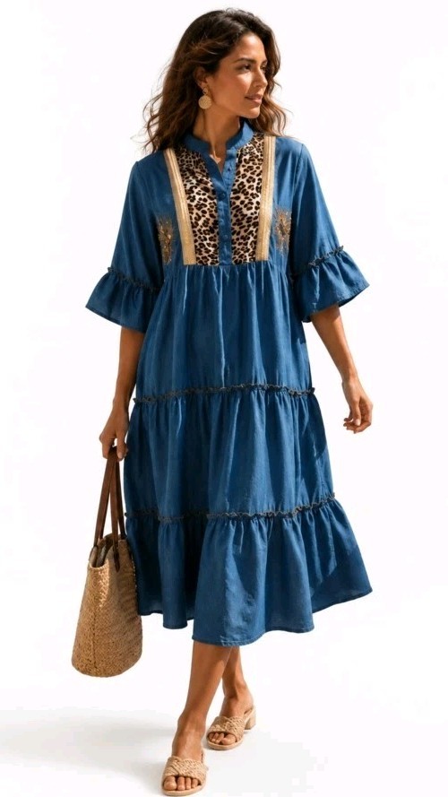 Made In Italy Women’s Dress One Size Blue Tiered Sequined Boho #AA